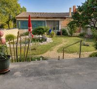Der Garten beim Einfamilienhaus in Podersdorf am See mit einem Gartenteich und Vegetation.