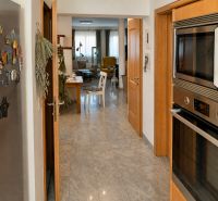 Moderne Küche mit Edelstahlgeräten, offener Blick ins Wohnzimmer in einem Einfamilienhaus.