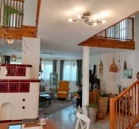 Innenraum eines Einfamilienhauses mit einem Keramikkamin, Pflanzen und einer Holztreppe.