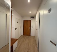 Der Flur in einer 3-Zimmer-Wohnung mit einem Boden in Holzoptik und weißen Wänden.