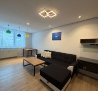 Wohnzimmer mit Holzboden und bunten Lampen in einer 3-Zimmer-Wohnung.