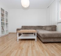 Wohnzimmer mit bequemer Couch, Bücherregal und Holzboden in einer 3-Zimmer-Wohnung.