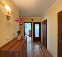 Der Flur in der 3-Zimmer-Wohnung mit einem Boden in Holzoptik und einer dekorativen Pflanze.