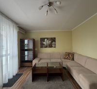 Wohnzimmer in einer 3-Zimmer-Wohnung mit Sofa, Holzboden und Kleiderschrank.