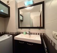 Badezimmer in einer 3-Zimmer-Wohnung mit Waschbecken, Waschmaschine und Spiegel an der Wand.