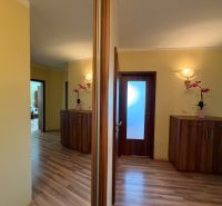 Der Flur in einer 3-Zimmer-Wohnung mit Holzboden und Einbauschränken.
