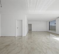 Ein geräumiges Zimmer mit einem großen Fenster und einem Boden in Holzoptik in einem Einfamilienhaus.