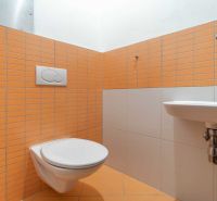 Badezimmer in einer Ferienwohnung mit orangefarbenen Fliesen und Hänge-WC.