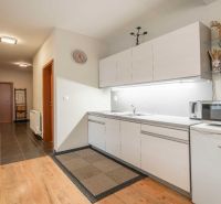 Kochnische mit Küchenzeile und Mikrowelle, Holzboden in einer Ferienwohnung.