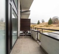 Der Balkon der Ferienwohnung in Donovaly mit Blick auf die Natur und die Hütten.