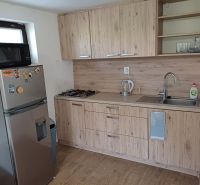 Küchenzeile mit Holzboden und Geräten in der Hütte.