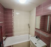 Badezimmer in einer 3-Zimmer-Wohnung mit Badewanne, Waschbecken und lila Fliesen.