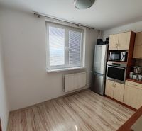 Küche in einer 3-Zimmer-Wohnung mit Fenster und Boden in Holzoptik.