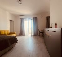 Wohnzimmer in einer Zweizimmerwohnung mit Holzboden und gelbem Sofa.