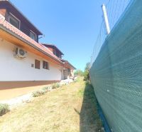 Ein Einfamilienhaus in Divín mit Klimaanlage, Umzäunung und Garten mit Rasen.