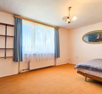 Ein Zimmer in einem Einfamilienhaus mit einem Fenster, Regalen und einem Bett, Teppichboden.