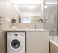 Badezimmer mit Dusche, Waschmaschine und Waschbecken in einer 2-Zimmer-Wohnung.