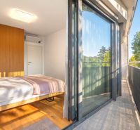 Schlafzimmer mit großer Glaswand, Holzboden und Balkon in einer Zweizimmerwohnung.