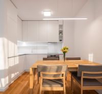 Küche in einer 2-Zimmer-Wohnung mit Esstisch und Boden in Holzoptik.