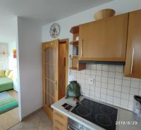 Küche in einer 2-Zimmer-Wohnung mit Holzschränken und Blick auf das Wohnzimmer.