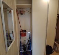 Einbauschrank mit Schiebetüren, Kleiderstangen und Spiegel in einer 2-Zimmer-Wohnung.