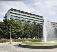 Der Brunnen auf dem Račianske mýto in Bratislava - Nové Mesto mit einem Wohnhaus im Hintergrund.