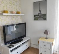 Wohnzimmer in einer 2-Zimmer-Wohnung mit hellen Möbeln und einer Dekoration des Eiffelturms.