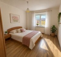 Helles Schlafzimmer mit Bett, Holzboden-Dekor und Pflanzen in einer 3-Zimmer-Wohnung.