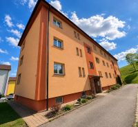 Außenansicht einer 3-Zimmer-Wohnung in Istebné, bunte Fassade, blauer Himmel, grüner Rasen.