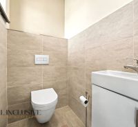 Toilette mit Waschbecken und Fliesen im Einfamilienhaus.