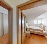 Schlafzimmer mit Holzboden in einem Einfamilienhaus, Einbauschrank, Bett.