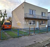 Ein Einfamilienhaus in Senica mit Flachdach, Balkon und einem geparkten orangefarbenen Auto.