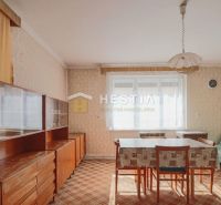 Esszimmer in einem Einfamilienhaus mit Retro-Möbeln und Teppich, dominiert von einem hellen Fenster.