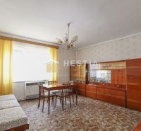 Wohnzimmer in einem Einfamilienhaus mit Holzmöbeln und gemustertem Teppich.