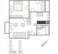 Grundriss einer 3-Zimmer-Wohnung mit geräumigem Wohnzimmer, Küche und zwei Schlafzimmern.