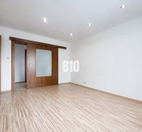 Helles Interieur mit Schiebetüren und Holzboden in einer 3-Zimmer-Wohnung.