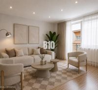 Wohnzimmer mit Sofa, Sesseln, Lampe und Holzboden in einer 3-Zimmer-Wohnung.