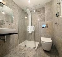 Badezimmer in einer 2-Zimmer-Wohnung mit Steinverkleidung, Duschkabine und Spiegel.