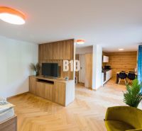 Innenraum einer Ferienwohnung mit Holzboden, Fernseher und Küchenzeile.