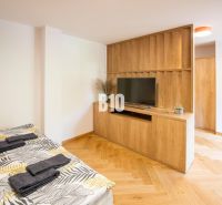 Ferienwohnung mit Bett, Fernseher, Holzboden und Holzmöbeln.