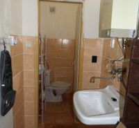 Badezimmer einer Zweizimmerwohnung mit Toilette und Waschbecken im einfachen Stil.
