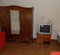 Ein Zimmer in einer 2-Zimmer-Wohnung mit Holzmöbeln und einem Boden in Holzoptik.