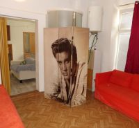 Ein rotes Sofa und ein Paravent mit einem schwarz-weißen Foto in einer 2-Zimmer-Wohnung mit bunten Vorhängen.