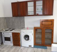 Küche in einer 2-Zimmer-Wohnung mit Elektroherd, Waschmaschine und Boden in Holzoptik.
