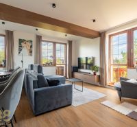 Wohnzimmer in einer Zweizimmerwohnung mit Sofa, Fernseher und Holzboden.