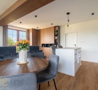 Wohnzimmer in einer Zweizimmerwohnung mit Holzboden und Esstisch.