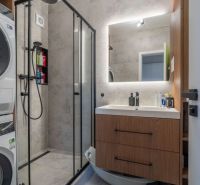Badezimmer mit Waschmaschine, Duschkabine, Waschbecken und Möbeln mit Holzdekor in einer 2-Zimmer-Wohnung.