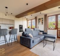Wohnzimmer mit Küche, Holzboden, 2-Zimmer-Wohnung.