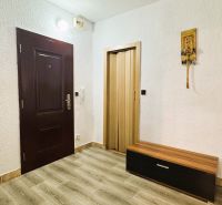 Innenraum einer 4-Zimmer-Wohnung mit weißen Wänden, Boden in Holzoptik und dunklen Türen.