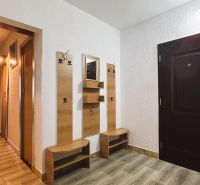 Eingangsflur mit Spiegel und Garderobe, 4-Zimmer-Wohnung mit Holzboden.